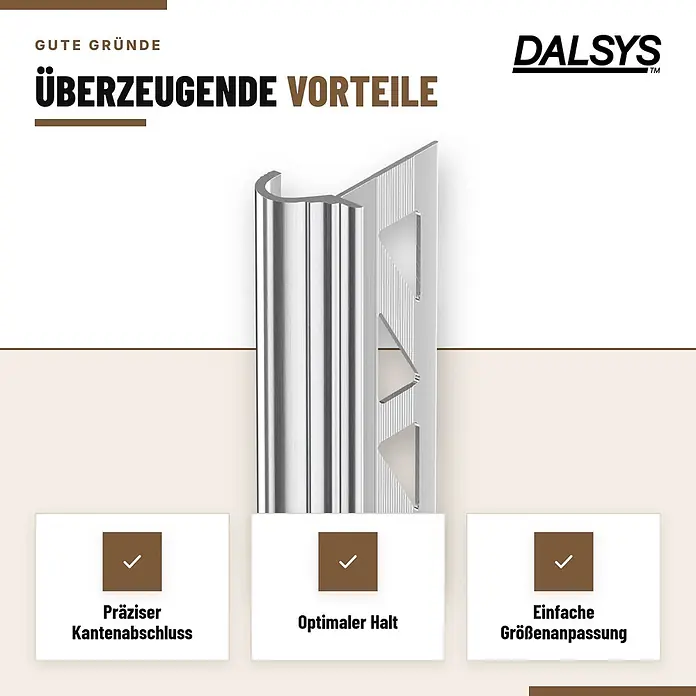 Dalsys Treppenkantenprofil 2,5m x 12,5mm für Fliesen Silber - Aluminium, Silber, 2,5 m x 12 mm - Silberfarbenes Metallfliesenprofil für einen präzisen Kantenabschluss.
