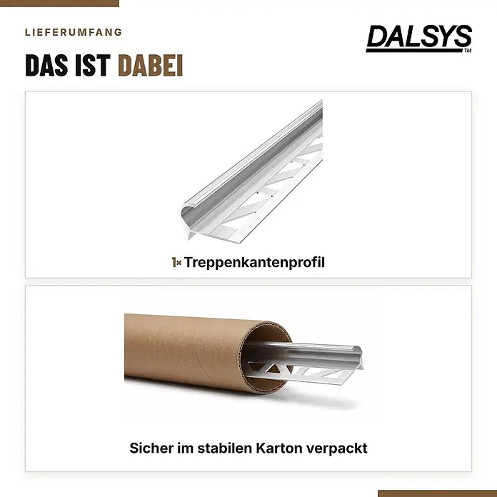 Dalsys Treppenkantenprofil 2,5m x 12,5mm für Fliesen Silber - Aluminium, Silber, 2,5 m x 12 mm - Silbernes Treppenkantenprofil, einzeln und sicher verpackt in einem stabilen braunen Kartonrohr dargestellt.