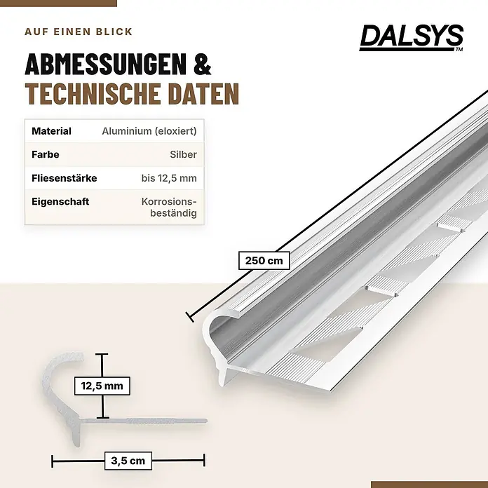 Dalsys Treppenkantenprofil 2,5m x 12,5mm für Fliesen Silber - Aluminium, Silber, 2,5 m x 12 mm - Silbernes eloxiertes Aluminium-Fliesenprofil, 250 cm lang, für Fliesen bis 12,5 mm, mit 12,5x35 mm Querschnitt, korrosionsbeständig.