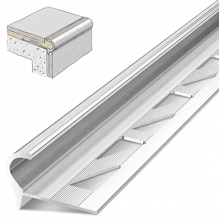 Dalsys Treppenkantenprofil 2,5m x 12,5mm für Fliesen Silber - Aluminium, Silber, 2,5 m x 12 mm - Silberne Aluminium-Treppenkantenleiste mit gebogener Kante und perforiertem Anker, dargestellt mit einem Einbauschema auf einer gefliesten Stufe.