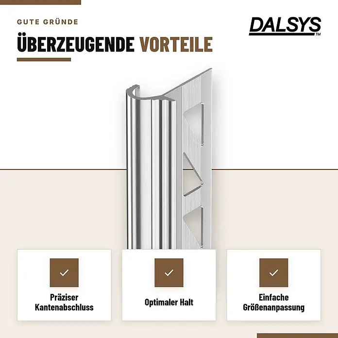 Dalsys Treppenkantenprofil 2,5m x 10mm für Fliesen Silber - Aluminium, Silber, 2,5 m x 10 mm - Silbernes Aluminium-Fliesenkantenprofil für präzise Abschlüsse.