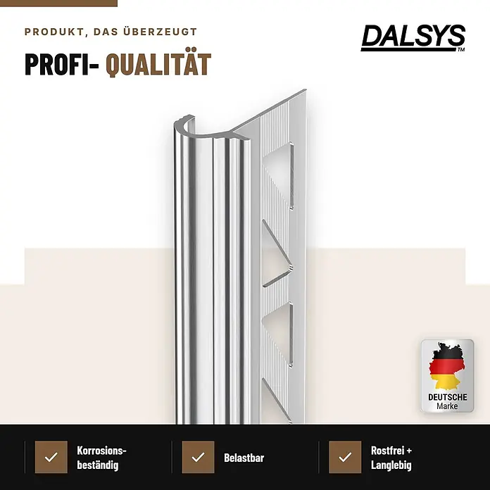 Dalsys Treppenkantenprofil 2,5m x 10mm für Fliesen Silber - Aluminium, Silber, 2,5 m x 10 mm - Glänzendes, silbernes Metallfliesenprofil für professionelle Anwendungen, korrosionsbeständig und langlebig.