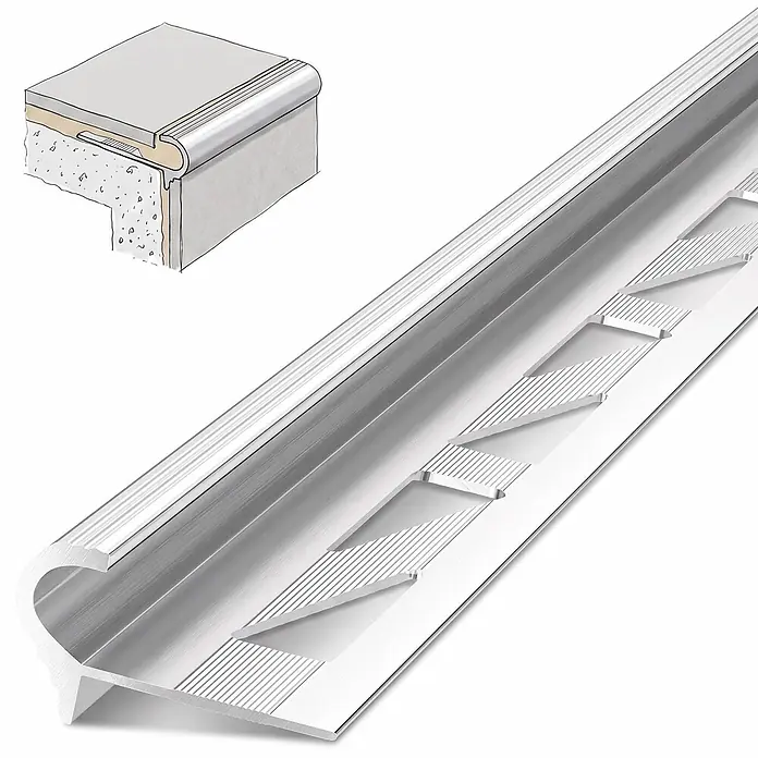 Dalsys Treppenkantenprofil 2,5m x 10mm für Fliesen Silber - Aluminium, Silber, 2,5 m x 10 mm - Silbernes Metall-Treppenprofil mit rutschfester Oberfläche und Installationsschema.