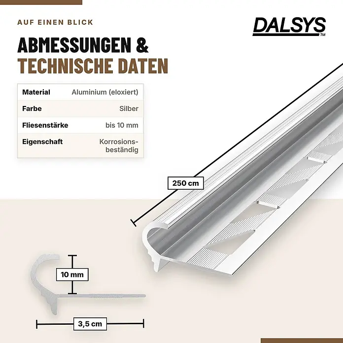 Dalsys Treppenkantenprofil 2,5m x 10mm für Fliesen Silber - Aluminium, Silber, 2,5 m x 10 mm - Silbernes eloxiertes Aluminium Fliesenprofil, 250 cm lang, 3,5 cm breit, für Fliesen bis 10 mm Stärke.