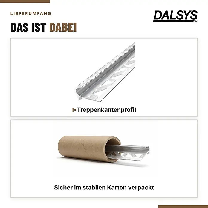 Dalsys Treppenkantenprofil 2,5m x 10mm für Fliesen Silber - Aluminium, Silber, 2,5 m x 10 mm - Silbernes Treppenkantenprofil aus Aluminium, einzeln und sicher in einem stabilen braunen Kartonrohr verpackt.