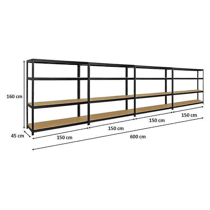 Mega Deal | 4x Schwerlastregal Giant Elephant | HxBxT 160x150x45cm | Fachlast 200kg | Schwarz -  - Langes schwarzes Metallregal mit Holzbrettern, 600 cm breit, 160 cm hoch, 45 cm tief.