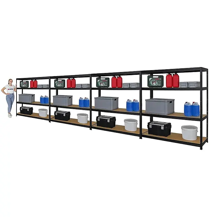 Mega Deal | 4x Schwerlastregal Giant Elephant | HxBxT 160x150x45cm | Fachlast 200kg | Schwarz -  - Langes schwarzes Metallregal mit mehreren beladenen Ablagen. Eine Frau steht daneben als Größenvergleich.
