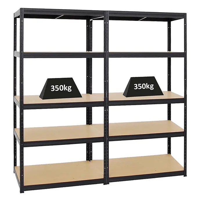 Mega Deal | 2x Schwerlastregal Slim Elephant M | HxBxT 180x90x60 cm | 5 Ebenen | Fachlast 350 kg | Schwarz -  - Zwei schwarze Metallregale mit hellen Holzablagen, die eine Tragfähigkeit von 350 kg pro Ablage zeigen.