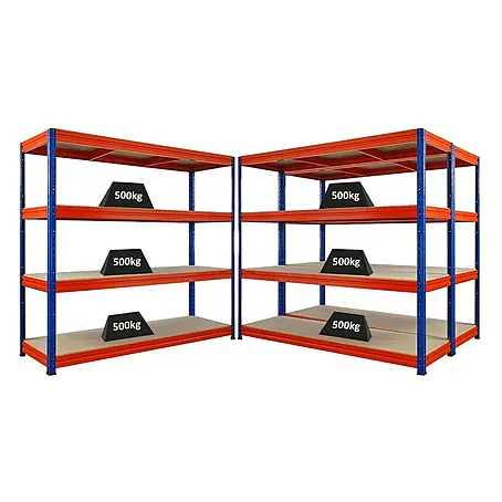 Mega Deal | 3x Schwerlastregal DINO | HxBxT 180x200x60cm | 4 Spanplatten-Ebenen 16mm | Fachlast 500kg | Blau/Orange