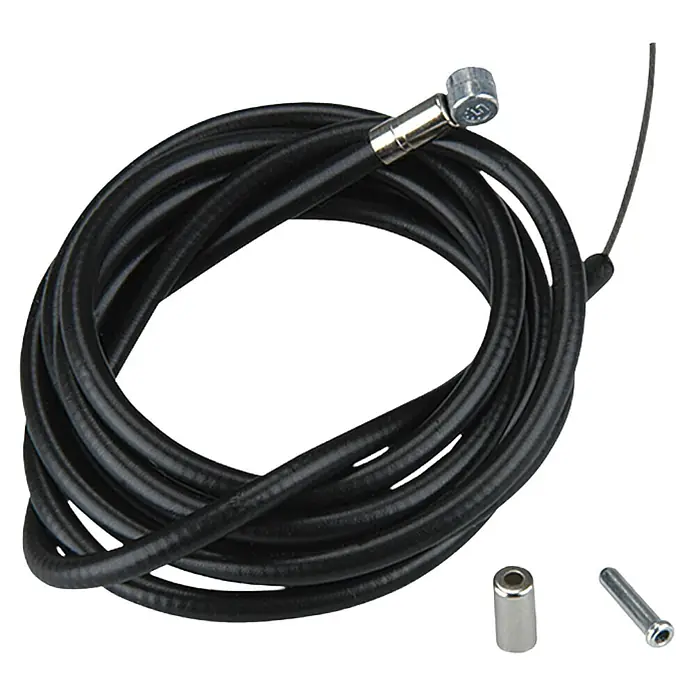 Shimano Bremszug-Set - 2 -tlg. - Ein schwarzes Bremskabel für Fahrräder mit silbernen Endstücken und Zubehör für eine optimale Bremsleistung.
