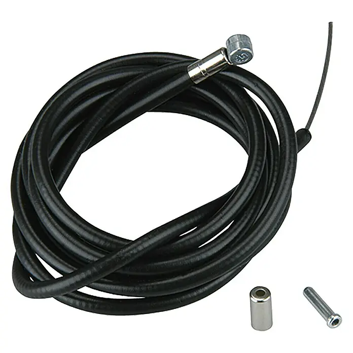 Shimano Bremszug-Set - 2 -tlg. - Ein schwarzes Bremskabel für Fahrräder mit silbernen Endstücken und Zubehör für eine optimale Bremsleistung.
