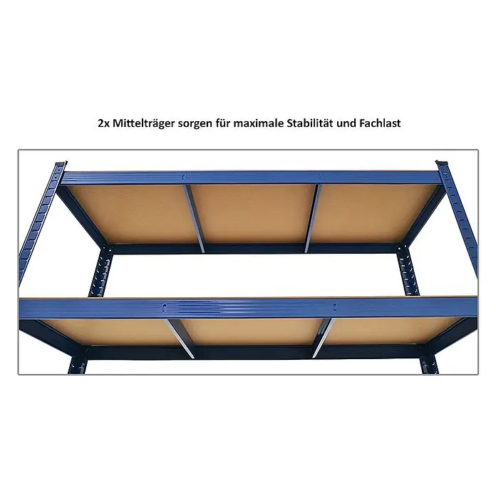 Schwerlastregal Ragnar 180x120x40cm 5 MDF-Platten-Ebenen 175kg Blau -  - Blaues Metallregal mit Holzfachböden, jeder verstärkt durch zwei mittlere Metallträger für hohe Stabilität.