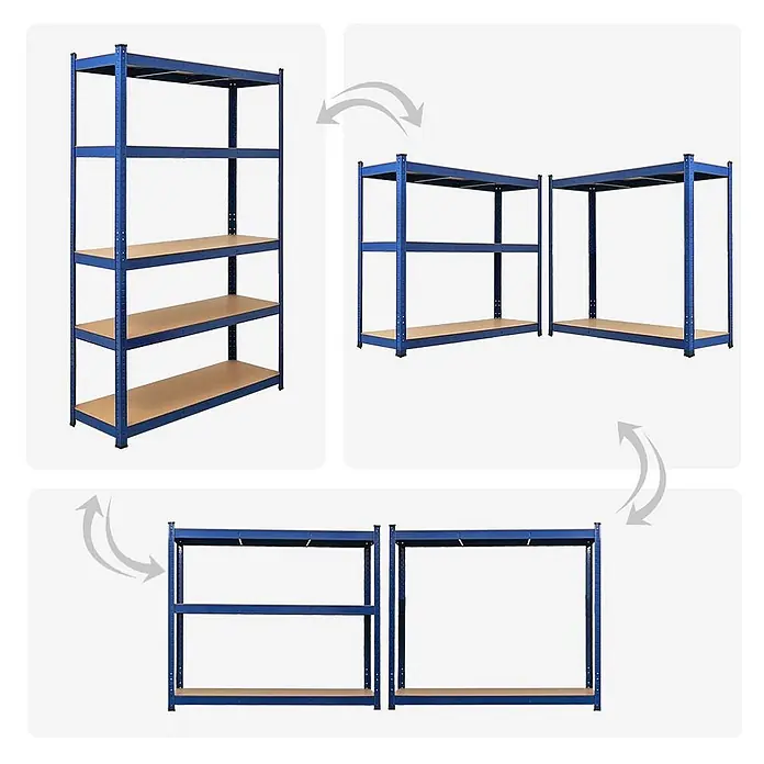 Schwerlastregal Ragnar 180x120x40cm 5 MDF-Platten-Ebenen 175kg Blau -  - Modulares blaues Metallregal mit Holzbrettern, als hohes 5-Boden-Regal und geteilt in zwei kürzere Regale dargestellt.