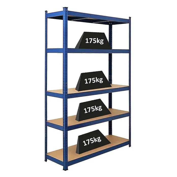 Schwerlastregal Ragnar 180x120x40cm 5 MDF-Platten-Ebenen 175kg Blau -  - Blaues Metallregal mit fünf Holzablagen, jeweils mit 175kg Gewicht zur Demonstration der Tragfähigkeit.