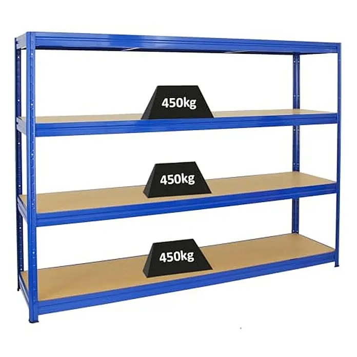 Mega Deal | 3x Schwerlastregal DINO | HxBxT 180x240x60 cm | 4 MDF-Platten-Ebenen 6,5 mm |  Fachlast 450kg | Blau -  - Blaues Metallregal mit drei Holzablagen, jeweils für 450kg Schwerlastlagerung.
