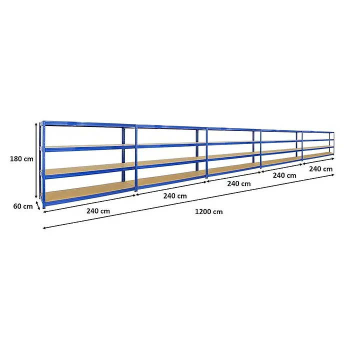 Mega Deal | 5x Schwerlastregal DINO | HxBxT 180x240x60 cm | 4 MDF-Platten-Ebenen 6,5 mm |  Fachlast 450kg | Blau -  - Langes modulares Regal aus blauem Metall und Holz mit 5 Abschnitten. Gesamt: 1200x180x60cm (LxHxT).