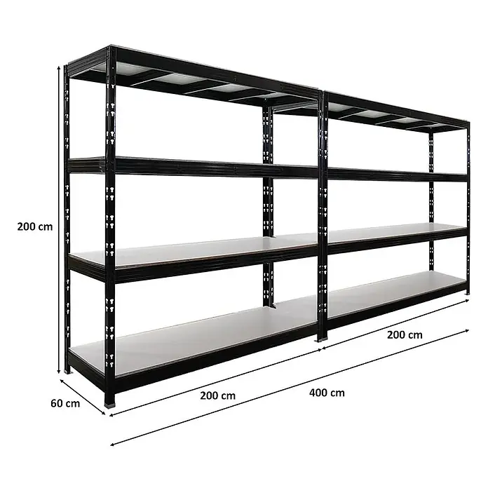 Mega Deal | 2x Profi Schwerlastregal Rhino | HxBxT 200x200x60cm | 4 Melamin-Ebenen 16mm | Fachlast 500kg | Schwarz -  - Schwarzes Metallregal mit hellgrauen Ablagen, 400x60x200 cm. Ideal für Schwerlastlagerung in Werkstätten oder Garagen.