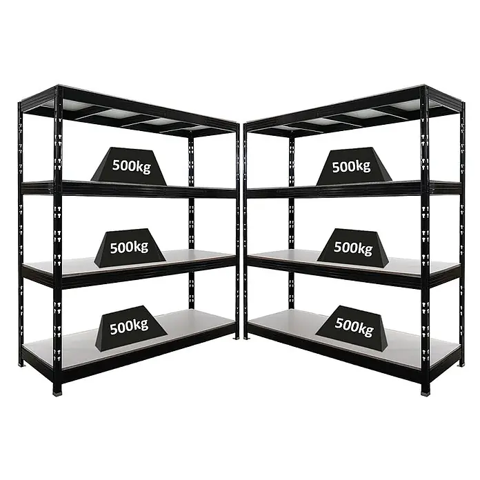 Mega Deal | 2x Profi Schwerlastregal Rhino | HxBxT 200x200x60cm | 4 Melamin-Ebenen 16mm | Fachlast 500kg | Schwarz -  - Schwarze Metallregale, die eine Tragfähigkeit von 500 kg pro Regalbrett zeigen.