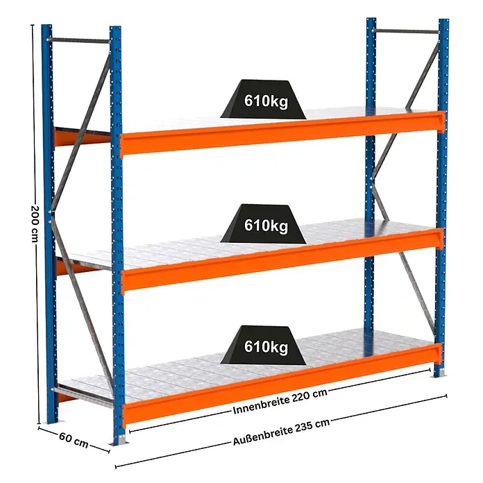 PROREGAL Industrie Weitspannregal Lagerregal MAXIMUS PRO Grundregal HxBxT 200x225x60cm 3 Ebenen, Stahlplatten-Fachboden, Fachlast 610 kg Blau/Orange -  - Blau-orange Schwerlastregal mit drei Ebenen, je 610kg Traglast. Maße: 200x60x235cm (HxTxB).