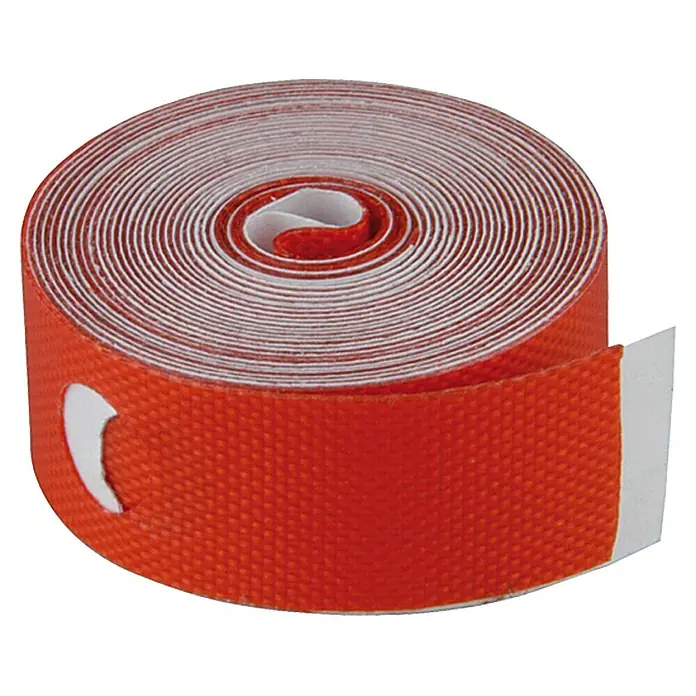 Fischer Felgenband - Geeignet für: Alle Felgengrößen, Selbstklebend - Eine Rolle rotes Klettband mit weißem Untergrund und gestanzten Löchern. Perfekt zum Organisieren von Kabeln und anderen Gegenständen.