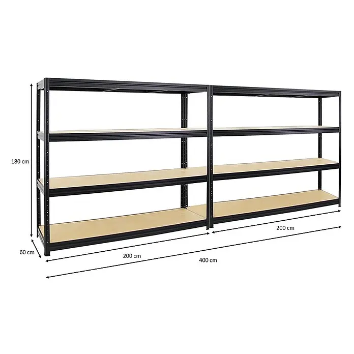 Mega Deal | 2x Schwerlastregal DINO | HxBxT 180x200x60cm | 4 MDF-Platten-Ebenen 6,5 mm | Fachlast 500kg | Schwarz -  - Zwei verbundene schwarze Metallregale mit acht hellen Holzablagen. Gesamtmaße: 180x400x60 cm.