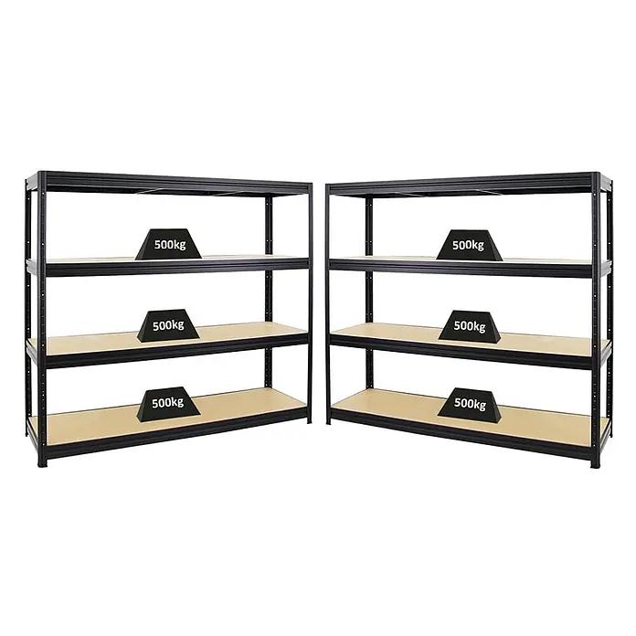 Mega Deal | 2x Schwerlastregal DINO | HxBxT 180x200x60cm | 4 MDF-Platten-Ebenen 6,5 mm | Fachlast 500kg | Schwarz -  - Zwei schwarze Schwerlastregale aus Metall mit hellen Holzregalböden, jeder Boden für 500kg ausgelegt.