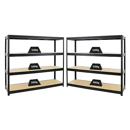 Mega Deal | 2x Schwerlastregal DINO | HxBxT 180x200x60cm | 4 MDF-Platten-Ebenen 6,5 mm | Fachlast 500kg | Schwarz