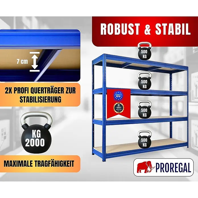 Schwerlastregal DINO | HxBxT 180x200x60cm | 4 Spanplatten-Ebenen 16mm | Fachlast 500kg | Blau -  - Blaues Metallregal mit Holzablagen, zeigt 500 kg Traglast pro Boden und 2000 kg gesamt. Mit stabilisierenden Querträgern.
