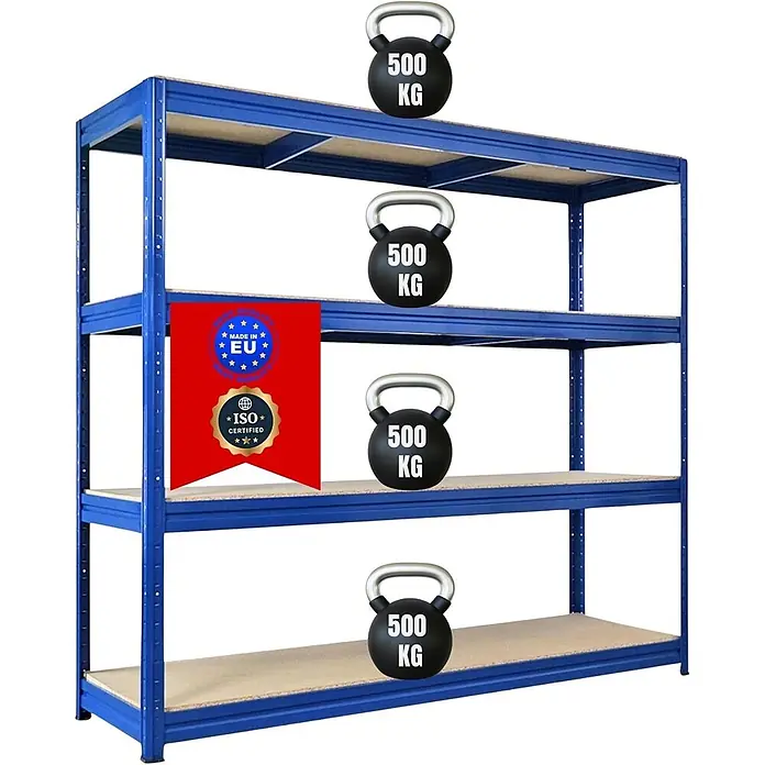 Schwerlastregal DINO | HxBxT 180x200x60cm | 4 Spanplatten-Ebenen 16mm | Fachlast 500kg | Blau -  - Blaue Metallregaleinheit mit Holzregalböden, 500 kg Tragkraft pro Boden. Hergestellt in der EU, ISO-zertifiziert.