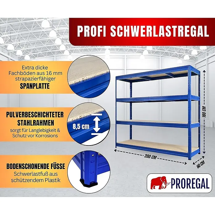 Schwerlastregal DINO | HxBxT 180x200x60cm | 4 Spanplatten-Ebenen 16mm | Fachlast 500kg | Blau -  - Blaues Schwerlastregal (180x200x60cm) mit pulverbeschichtetem Stahlrahmen, 16mm Spanplattenböden und Bodenschonfüßen.