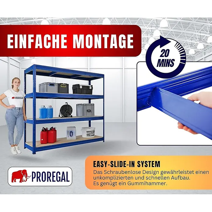 Schwerlastregal DINO | HxBxT 180x200x60cm | 4 Spanplatten-Ebenen 16mm | Fachlast 500kg | Blau -  - Blaues Metallregal mit Holzablagen und Easy-Slide-In-System. Eine Person steht daneben zur Größenreferenz.