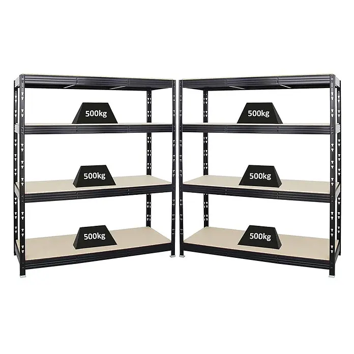 Mega Deal | 2x Profi Schwerlastregal Rhino | HxBxT 180x160x60cm | 4 Spanplatten-Ebenen 16mm | Fachlast 500kg | Schwarz -  - Zwei schwarze Schwerlastregale mit je drei hellen Böden. Jeder Boden hat eine Belastbarkeit von 500 kg.