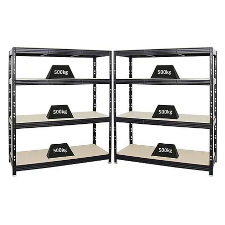 Mega Deal | 2x Profi Schwerlastregal Rhino | HxBxT 180x160x60cm | 4 Spanplatten-Ebenen 16mm | Fachlast 500kg | Schwarz