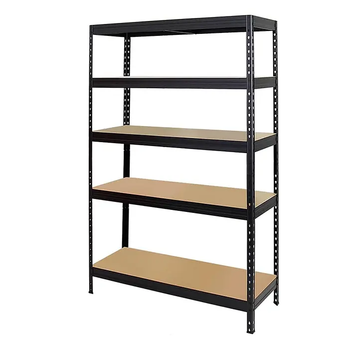Schwerlastregal Rivet | HxBxT 180x120x45 cm | Fachlast 250kg | Innovatives Stecksystem | Schwarz -  - Fünfstufiges schwarzes Metallregal mit hellbraunen Holzablagen.