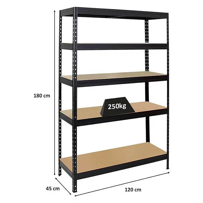 Schwerlastregal Rivet | HxBxT 180x120x45 cm | Fachlast 250kg | Innovatives Stecksystem | Schwarz -  - Schwarzes 5-stufiges Schwerlastregal aus Metall mit beigen Böden, 180x120x45 cm. Jeder Boden trägt 250kg.