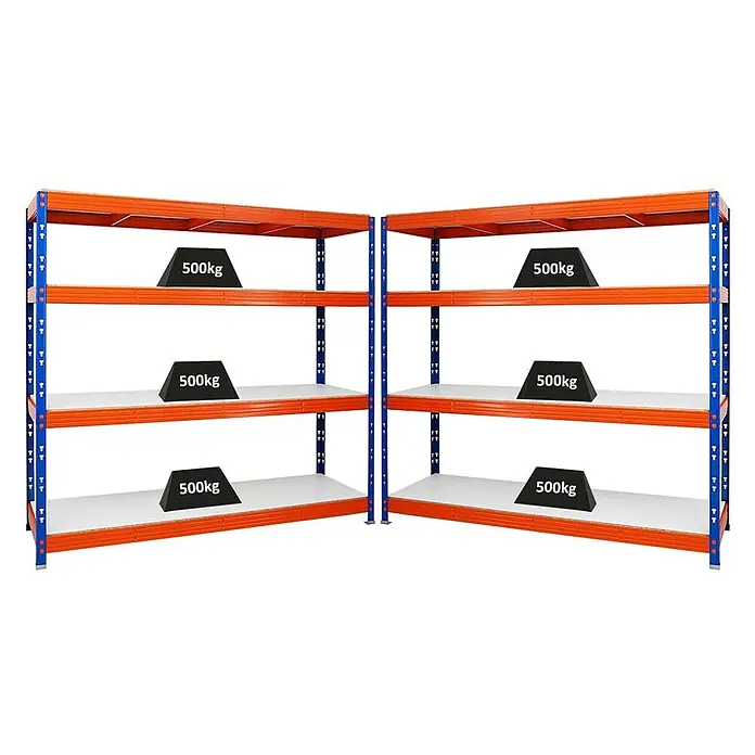 MegaDeal 2xProfi Schwerlastregal Rhino 180x200x60 4 Böden 500kg Blau-Orange -  - Zwei orange-blaue Schwerlastregale mit weißen Böden, die jeweils 500 kg Tragfähigkeit pro Boden anzeigen.