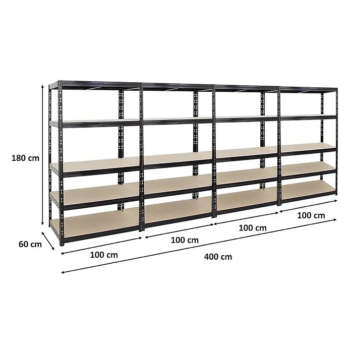 Set Deal 4x Schwerlastregal Tiger 180x100x60cm Fachlast 265kg Schwarz -  - Robustes schwarzes Metallregal, 4 Sektionen, je 5 helle Böden. Maße: 400x60x180 cm.