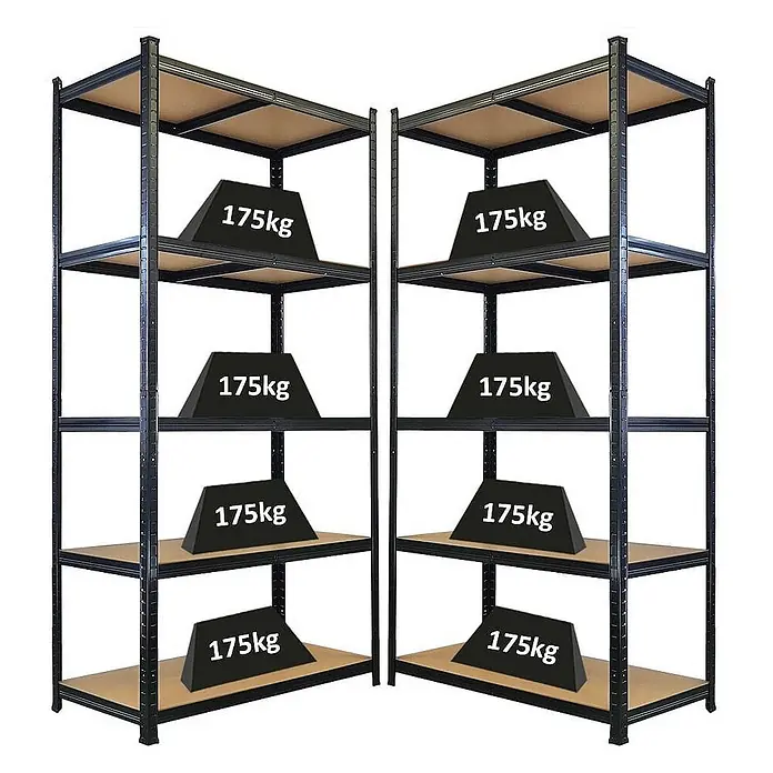 Mega Deal | 2x Schwerlastregal Giant Ragnar | HxBxT 200x100x50cm | 5 MDF-Platten-Ebenen | Fachlast 175kg | Schwarz -  - Zwei schwarze Metallregale mit Holzablagen, jede Ablage mit einem 175kg Gewicht beladen, was hohe Tragfähigkeit zeigt.
