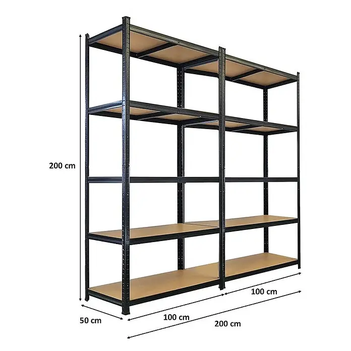 Mega Deal | 2x Schwerlastregal Giant Ragnar | HxBxT 200x100x50cm | 5 MDF-Platten-Ebenen | Fachlast 175kg | Schwarz -  - Schwarzes Metallregal mit Holzablagen (H200xW200xD50 cm).