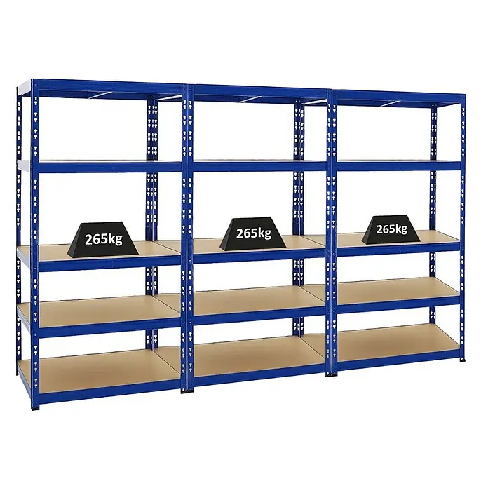 Mega Deal | 3x Schwerlastregal Tiger | HxBxT 180x90x60 cm |  Fachlast 265kg | Blau -  - Drei blaue Schwerlast-Metallregale mit beigefarbenen Holzablagen, die jeweils eine Tragfähigkeit von 265kg aufweisen.