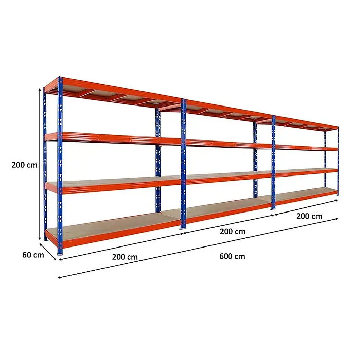 MegaDeal 3xProfi Schwerlastregal Rhino 200x200x60 4 Böden 500kg Blau-Orange -  - Langes Industrieregal aus Metall mit blauen Stützen und orangefarbenen Trägern, vier Ebenen, Maße 200x60x600 cm.