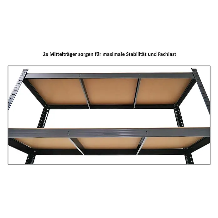 Mega Deal | 4x Schwerlastregal Ragnar | HxBxT 180x120x40cm | 5 MDF-Platten-Ebenen | Fachlast 175kg | Schwarz -  - Unterseite zweier Regalböden eines schwarzen Metallregals mit braunen Holzplatten, unterstützt von zwei zentralen Metallstreben für maximale Stabilität und Fachlast.
