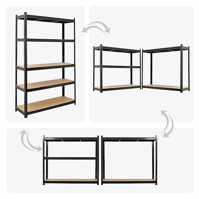Mega Deal | 4x Schwerlastregal Ragnar | HxBxT 180x120x40cm | 5 MDF-Platten-Ebenen | Fachlast 175kg | Schwarz -  - Vielseitiges schwarzes Metallregal mit hellbraunen Holzablagen, dargestellt als hohes 5-Regal-Modell und zwei kürzere Einheiten.