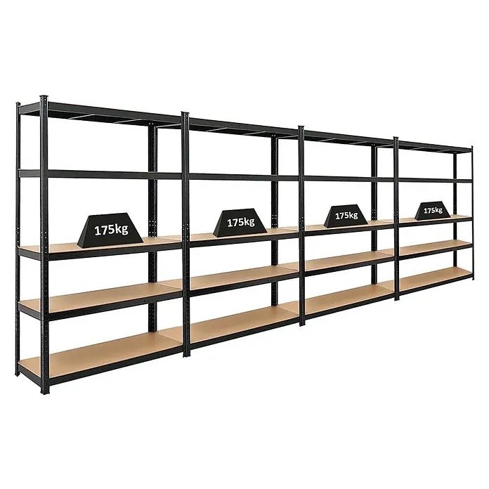 Mega Deal | 4x Schwerlastregal Ragnar | HxBxT 180x120x40cm | 5 MDF-Platten-Ebenen | Fachlast 175kg | Schwarz -  - Schwarzes Metallregal mit hellbraunen Holzböden, beladen mit 175kg Gewichten, was die hohe Tragfähigkeit demonstriert.