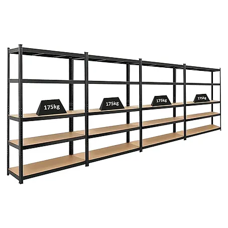 Mega Deal | 4x Schwerlastregal Ragnar | HxBxT 180x120x40cm | 5 MDF-Platten-Ebenen | Fachlast 175kg | Schwarz