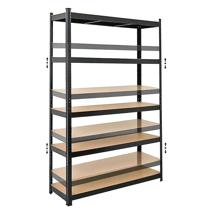 Mega Deal | 4x Schwerlastregal Ragnar | HxBxT 180x120x40cm | 5 MDF-Platten-Ebenen | Fachlast 175kg | Schwarz -  - Schwarzes Metallregal mit sechs hellbraunen verstellbaren Ablagen.