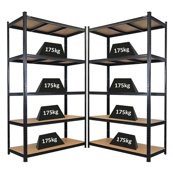 Mega Deal | 2x Schwerlastregal Giant Ragnar | HxBxT 200x120x50cm | 5 MDF-Platten-Ebenen | Fachlast 175kg | Schwarz -  - Zwei schwarze Metallregale mit Holzablagen, die eine Tragfähigkeit von 175 kg pro Ablage demonstrieren.