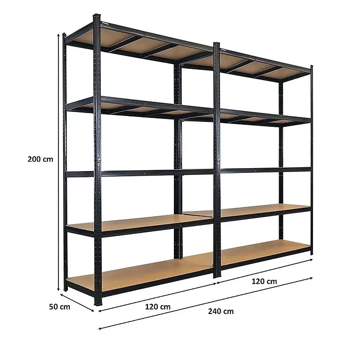 Mega Deal | 2x Schwerlastregal Giant Ragnar | HxBxT 200x120x50cm | 5 MDF-Platten-Ebenen | Fachlast 175kg | Schwarz -  - Großes schwarzes Metallregal mit 5 Holzablagen, 200x240x50 cm, modulares Design.