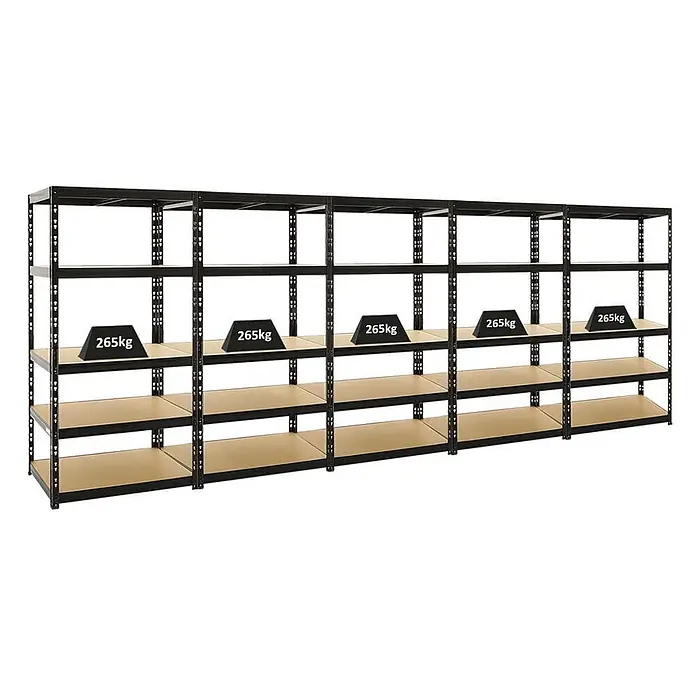 Mega Deal | 5x Schwerlastregal Tiger | HxBxT 180x90x60 cm |  Fachlast 265kg | Schwarz -  - Schwarzes Schwerlast-Metallregal mit fünf Fächern und hellbraunen Böden, demonstriert 265kg Traglast.