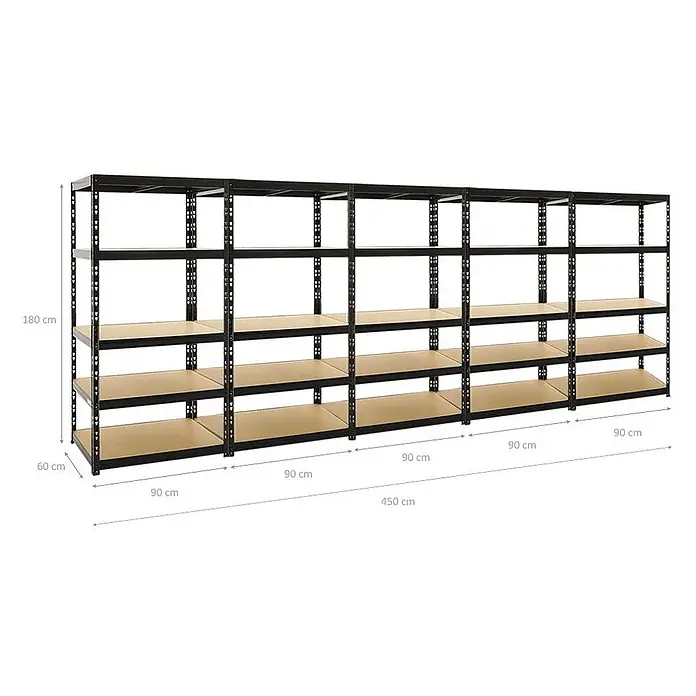 Mega Deal | 5x Schwerlastregal Tiger | HxBxT 180x90x60 cm |  Fachlast 265kg | Schwarz -  - Fünf schwarze Metallregale mit hellen Holzablagen.